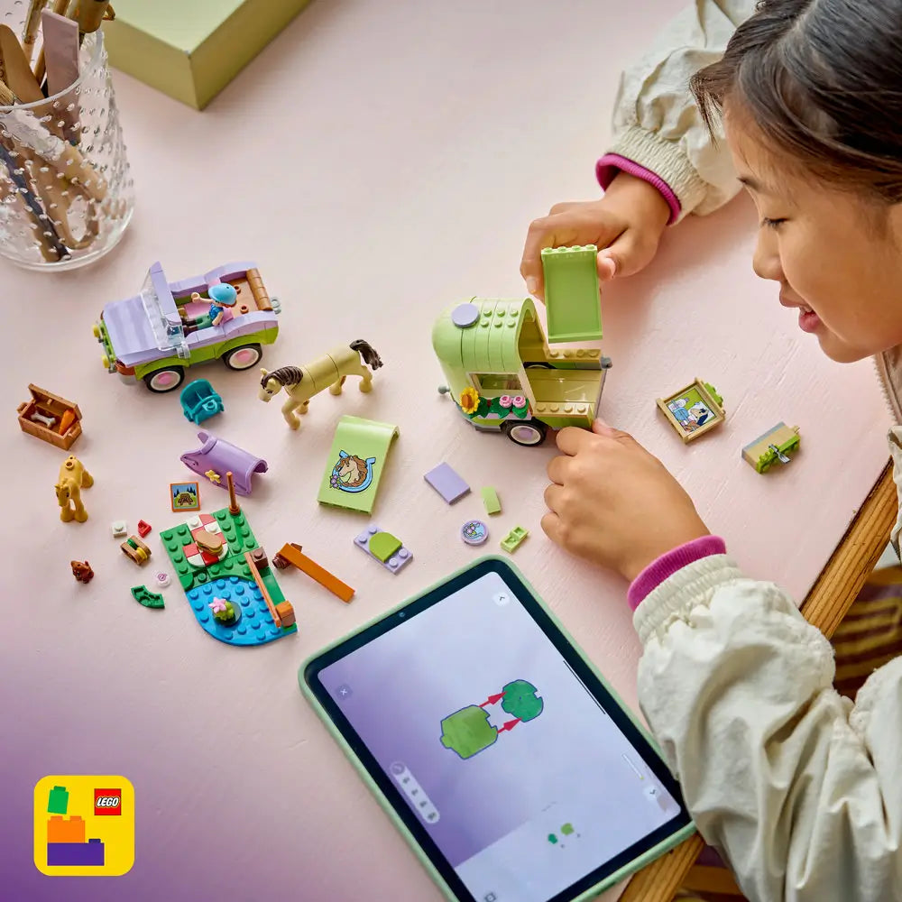 LEGO Friends Horse & Baby Foal Trailer set with characters and animals highlighted, showing a white horse, baby foal, trailer interior, accessories, and minidolls displayed against a colorful graphic background to emphasize play features.