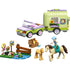 LEGO Friends Horse & Baby Foal Trailer playset built in light green, lavender, and pastel plastic bricks, featuring a car with horse trailer, picnic area, adult horse and foal figures, designed for caring role-play on a clean white background.