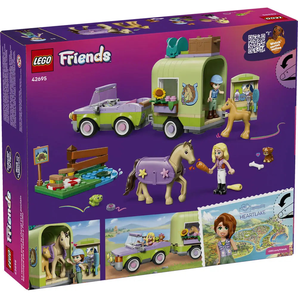 LEGO Friends Horse & Baby Foal Trailer back-of-box packaging, purple cardboard panel showing included minidolls, horse, foal, accessories, trailer details, and step-by-step learn-to-build features for young builders.