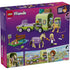 LEGO Friends Horse & Baby Foal Trailer back-of-box packaging, purple cardboard panel showing included minidolls, horse, foal, accessories, trailer details, and step-by-step learn-to-build features for young builders.