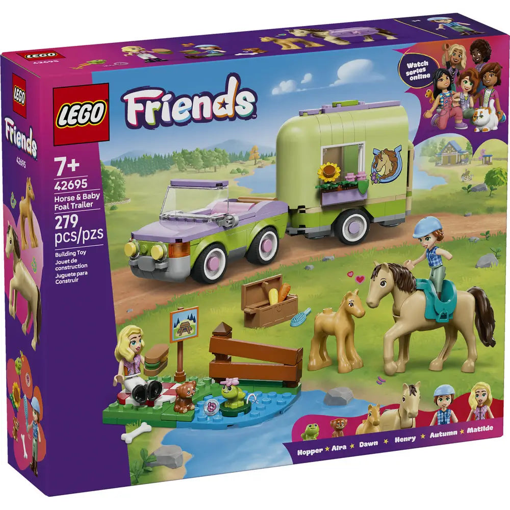 LEGO Friends Horse & Baby Foal Trailer box in purple cardboard packaging, rectangular retail box showing the car, horse trailer, minidolls, adult horse, foal, and countryside artwork clearly on the front panel.