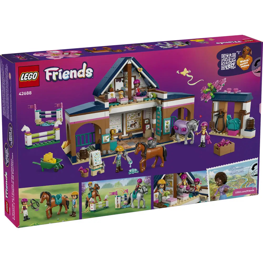 LEGO Friends Horse Stable and Riding Academy package back shows tan and blue plastic stable with open rooms, horse care features, mini dolls, pets, accessories, and illustrated scenes explaining play functions.