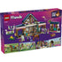LEGO Friends Horse Stable and Riding Academy package back shows tan and blue plastic stable with open rooms, horse care features, mini dolls, pets, accessories, and illustrated scenes explaining play functions.