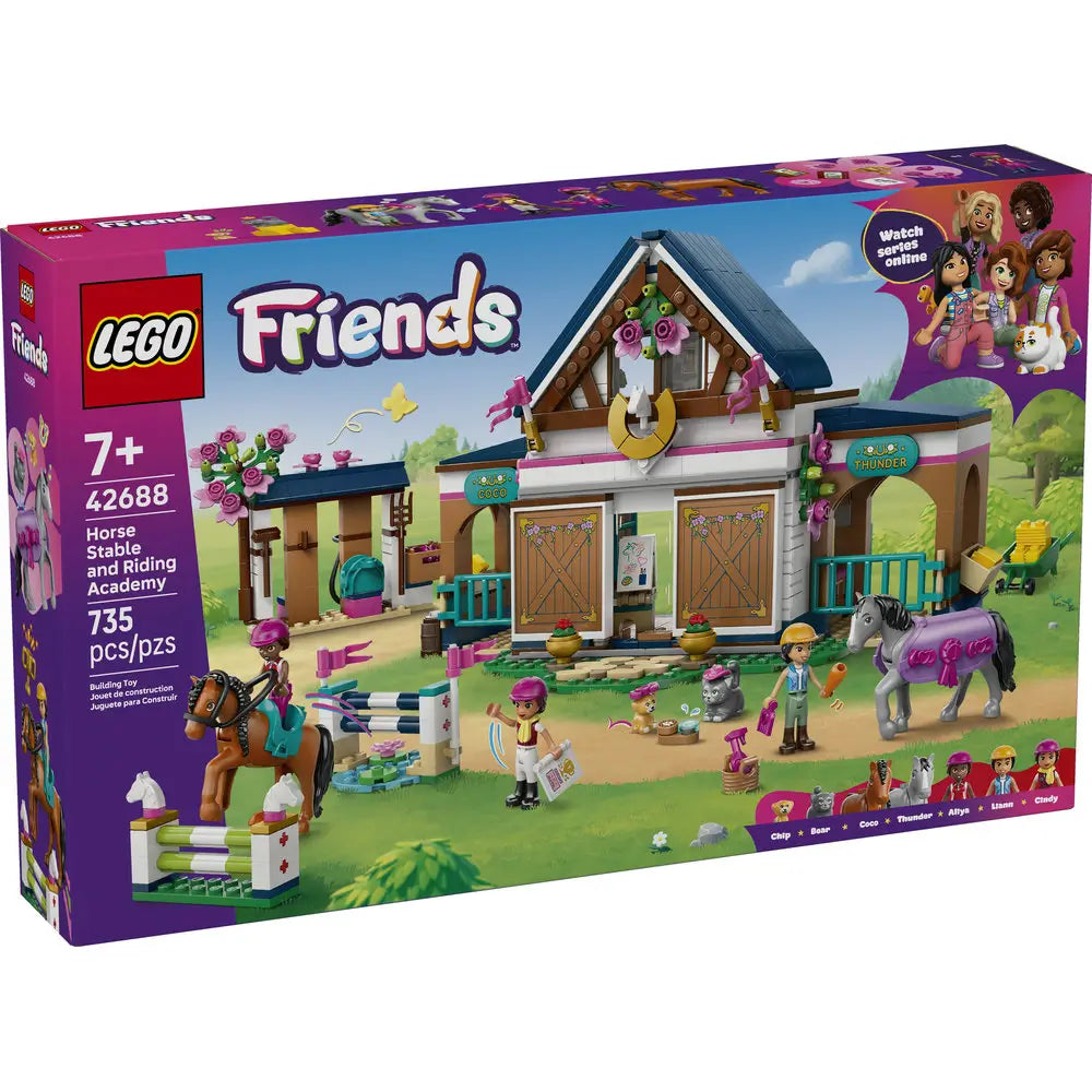 LEGO Friends Horse Stable and Riding Academy box shows tan and blue barn with horses, riders, jumps, pets, and accessories, displayed on branded packaging highlighting ages seven plus and 735 piece count.