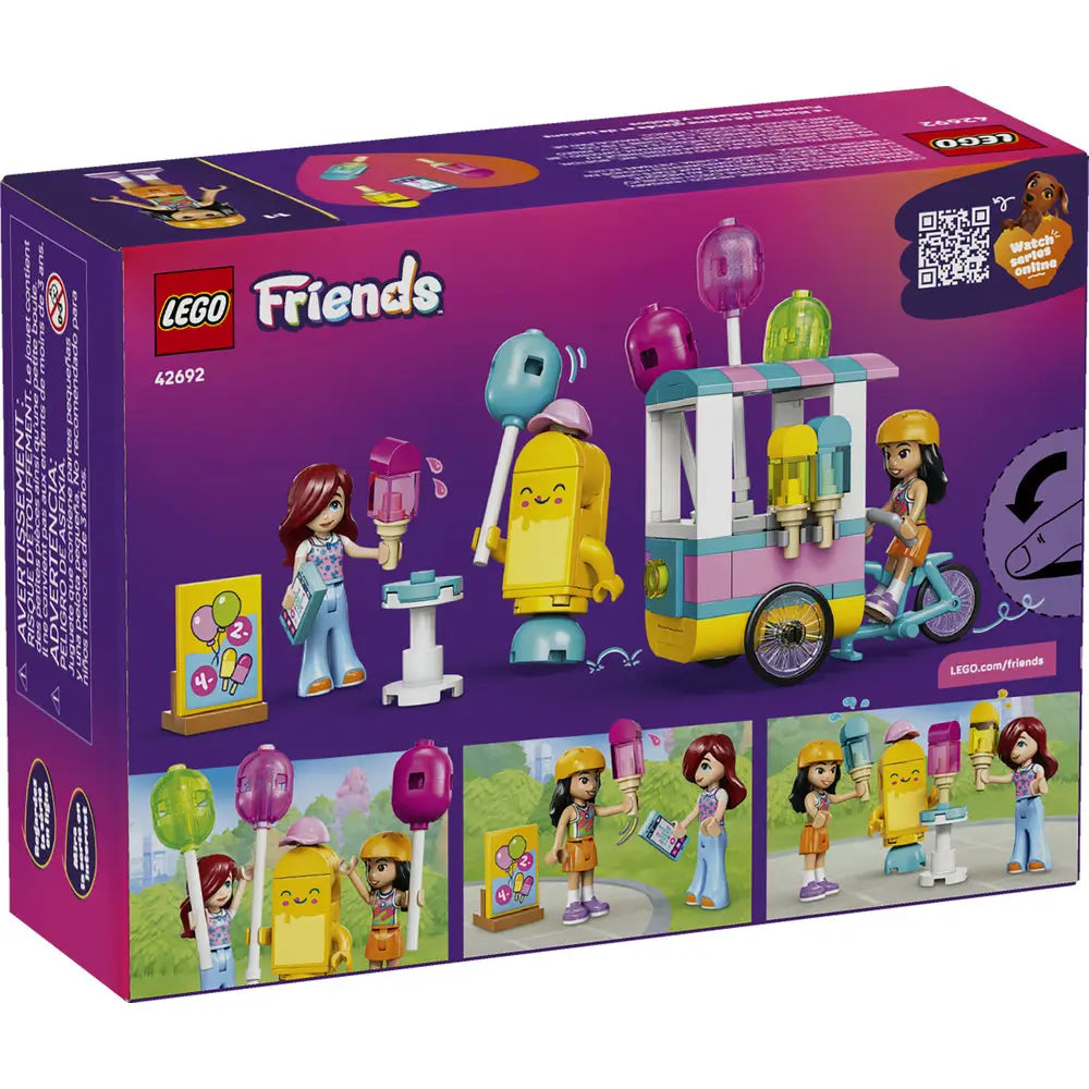 LEGO Friends Ice Cream & Balloon Stand back-of-box packaging, purple cardboard panel showing included minidolls, balloons, popsicles, cart details, and step-by-step learn-to-build features illustrated clearly for young builders.