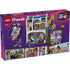 LEGO Friends box back view showing interior rooms of the pastel plastic family house, including kitchen, bedroom, and living spaces, with play features, accessories, minifigures, and illustrated activity details.