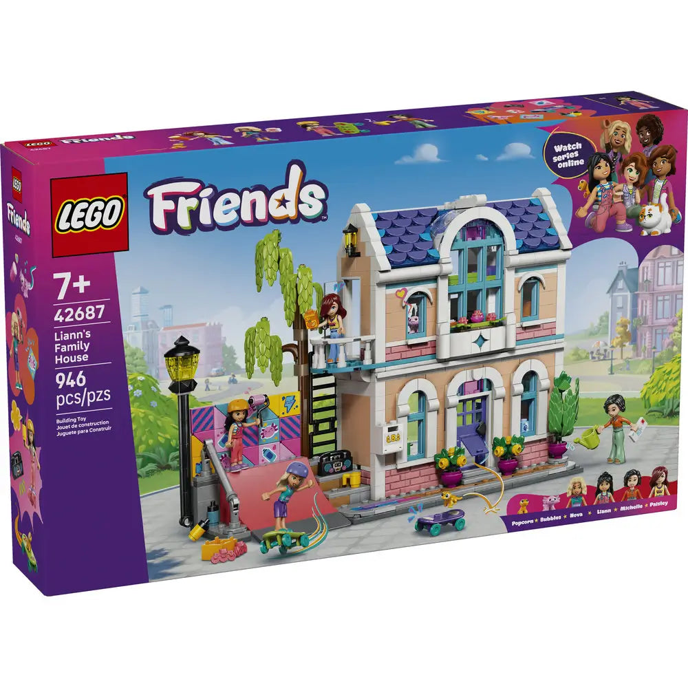 LEGO Friends Liann’s Family House box front featuring a purple package with illustrated pastel brick house, minifigures, ramp, trees, and accessories, highlighting a creative building toy for kids ages seven and up.