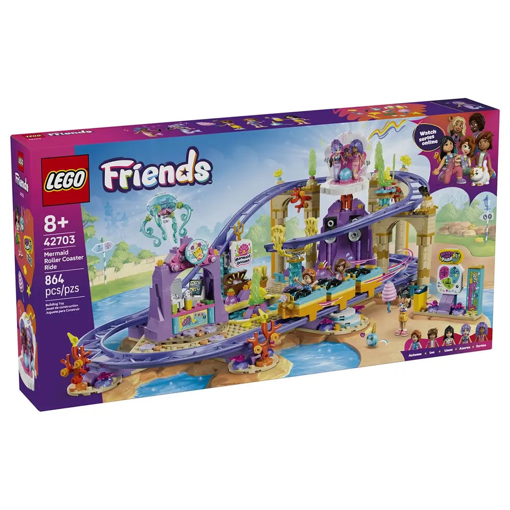 LEGO Friends Mermaid Roller Coaster Ride set 42703 box front shows purple tracks, a colorful three-car coaster, mermaid attraction and mini-dolls, labeled 864 pieces for ages 8+.