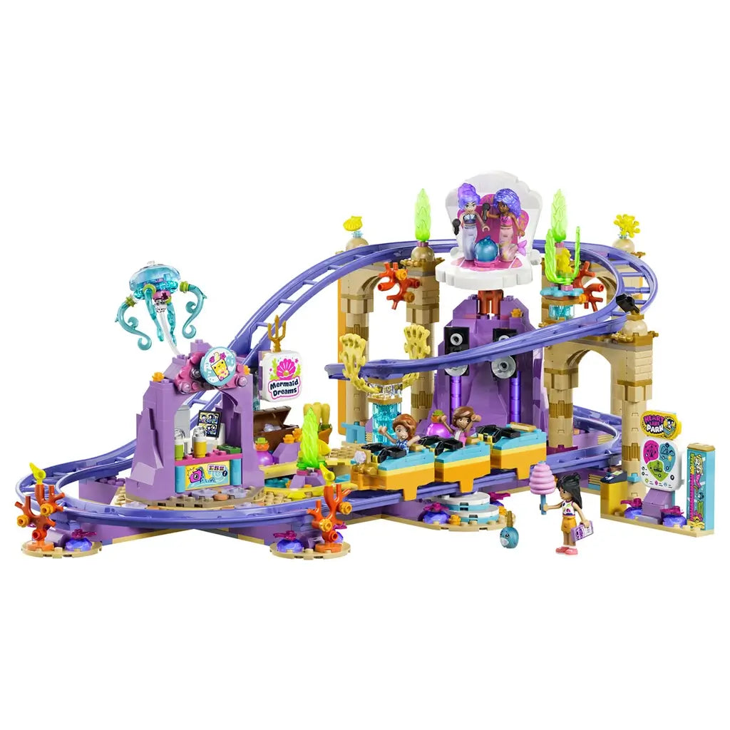 LEGO Friends Mermaid Roller Coaster Ride set 42703 features purple tracks, a colorful three-car coaster, mermaid stage, sea-themed decorations and mini-dolls on white.