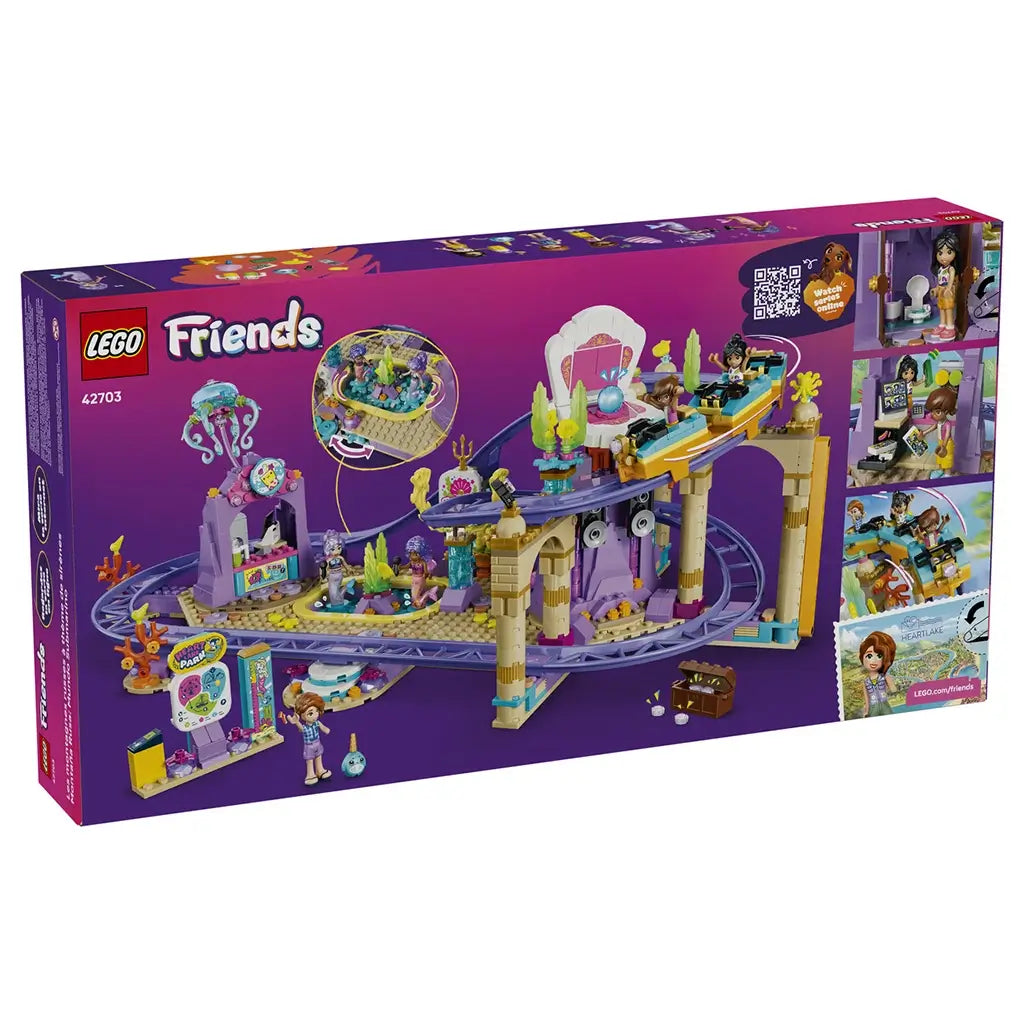 LEGO Friends Mermaid Roller Coaster Ride set 42703 box back shows purple tracks, a colorful coaster train, mermaid attraction, mini-dolls and illustrated play features.