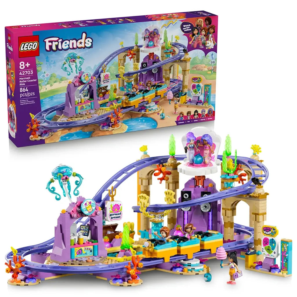 LEGO Friends Mermaid Roller Coaster Ride set 42703 pairs its retail box with purple tracks, a colorful coaster train, mermaid attraction, mini-dolls and sea-themed scenery.