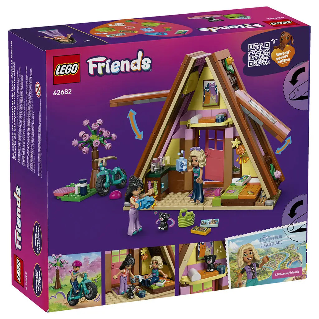 LEGO Friends Nature Glamping Cabin 42682 package back in purple, showing the open A-frame cabin interior, two mini-dolls, black cat, teal bike and play scenes.