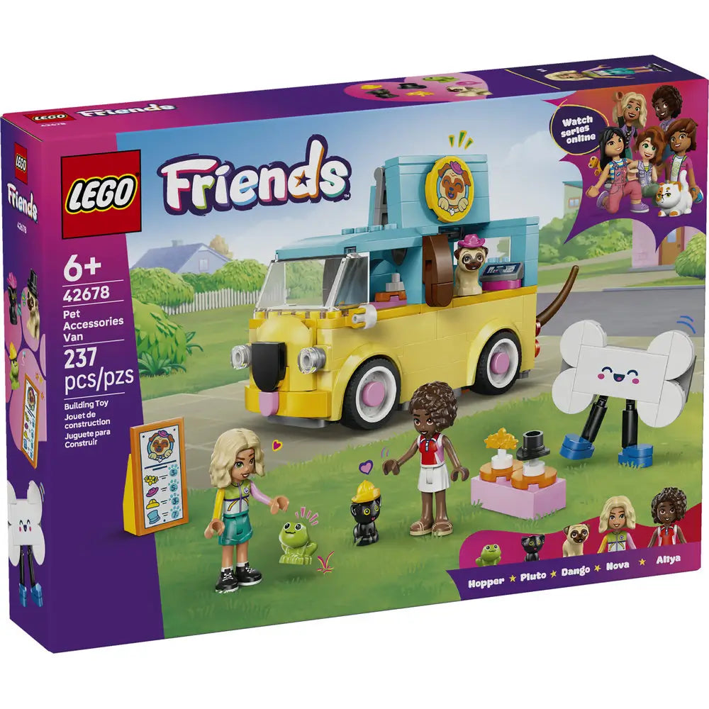 LEGO Friends Pet Accessories Van box front featuring a purple package with illustrated yellow dog van, pet care accessories, animal figures, minidolls, and imaginative role play scenes in Heartlake City.