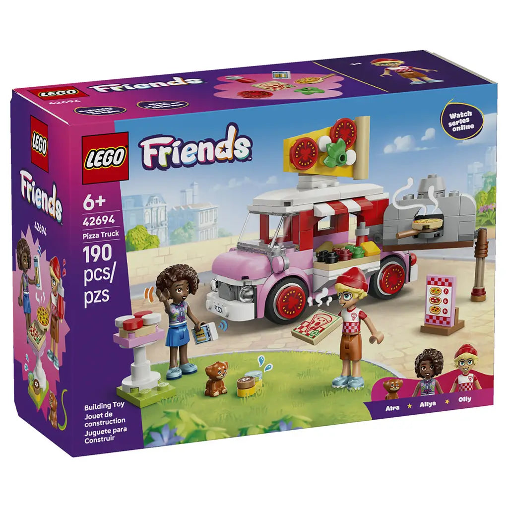 LEGO Friends Pizza Truck 42694 retail box in purple and blue, showing the 190-piece pizza truck, two mini-dolls, puppy and food accessories on the front.
