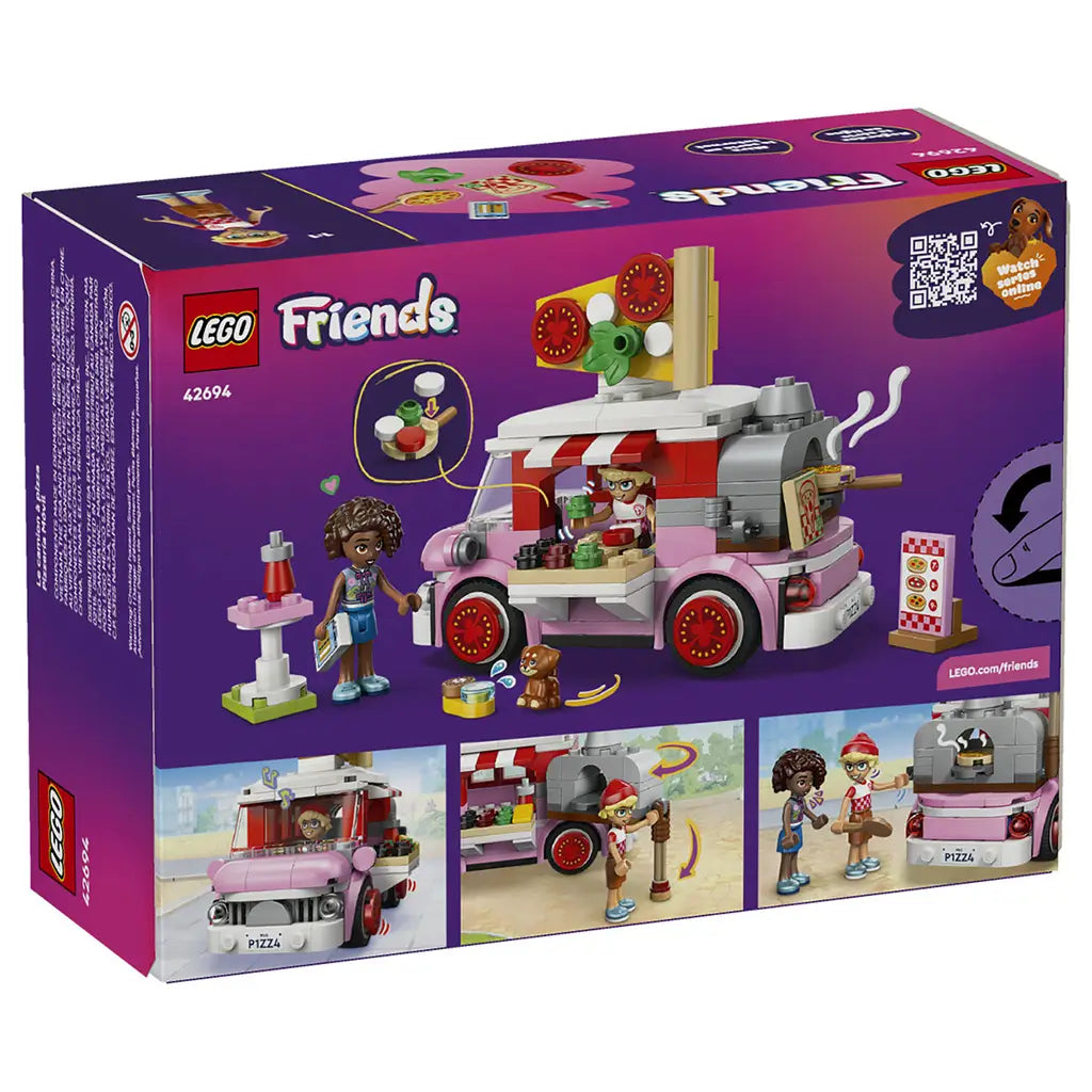 LEGO Friends Pizza Truck 42694 package back in purple, showing the pink truck, mini-dolls, puppy, pizza accessories and illustrated play features on the box.