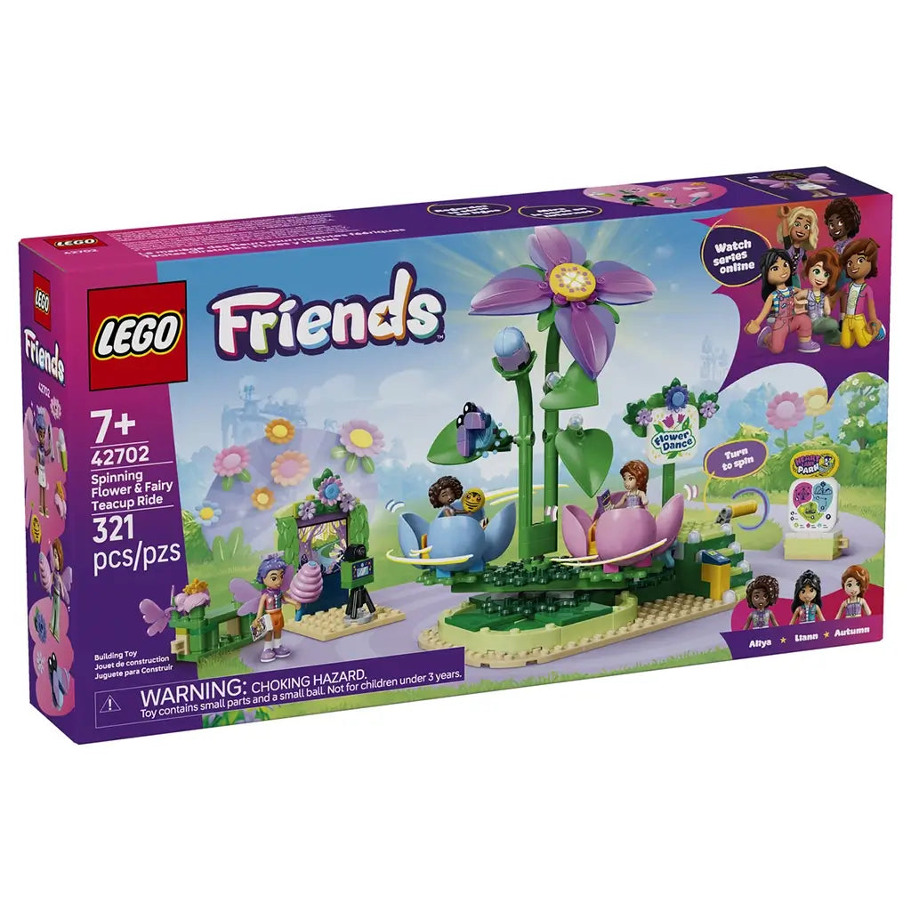 LEGO Friends Spinning Flower & Fairy Teacup Ride set 42702 box front shows pink and blue flower seats, a tall purple flower and three mini-dolls, labeled 321 pieces for ages 7+.