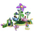 LEGO Friends Spinning Flower & Fairy Teacup Ride set 42702 features pink and blue flower seats, a tall purple flower, three mini-dolls, a camera and colorful park signs on white.