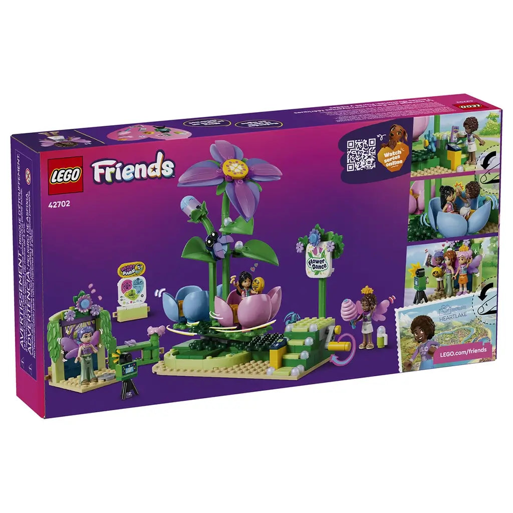 LEGO Friends Spinning Flower & Fairy Teacup Ride set 42702 box back shows purple, pink and green flower rides, mini-dolls, a camera and illustrated play features.