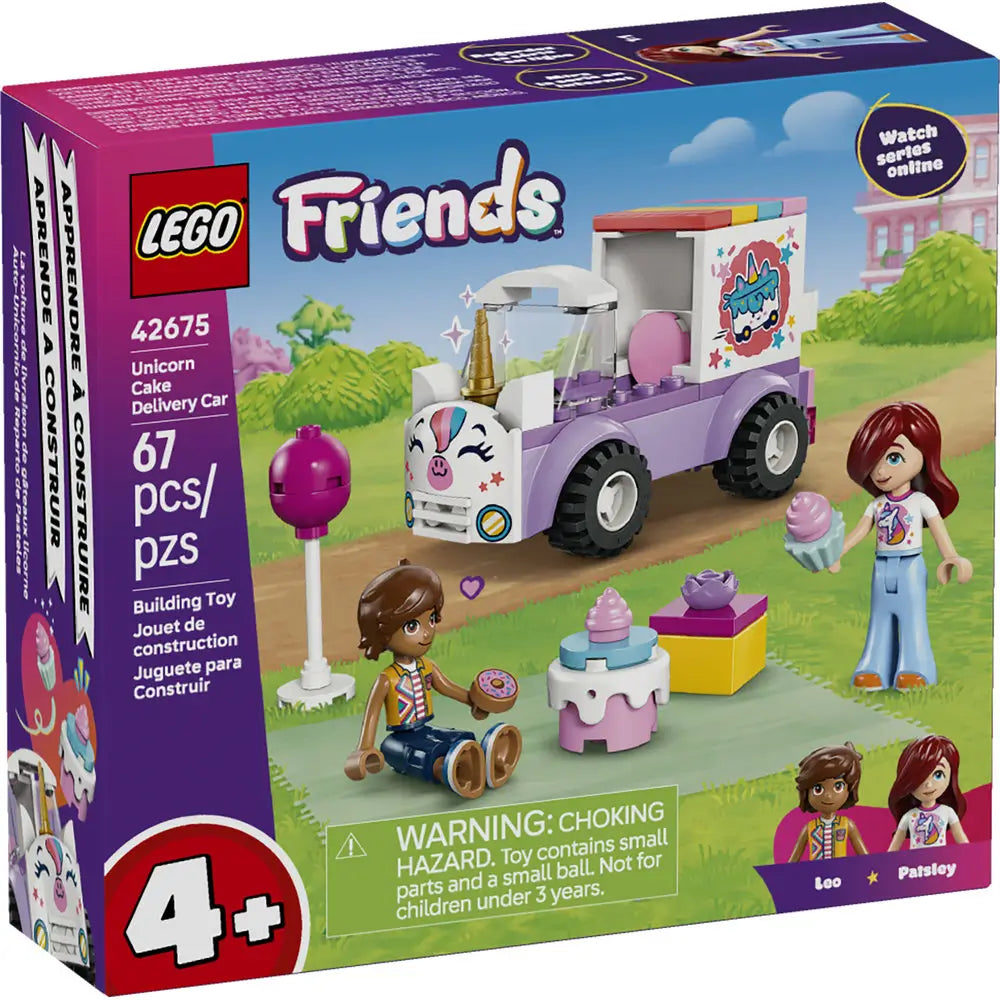 LEGO Friends Unicorn Cake Delivery Car box front displays bright purple packaging with images of the pastel unicorn-themed delivery truck, mini-doll figures, cake accessories, age 4+ label, piece count, and playful outdoor scene artwork.