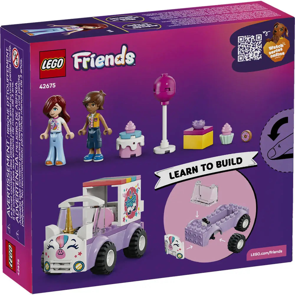 LEGO Friends Unicorn Cake Delivery Car box back shows purple packaging with full contents layout, mini-doll figures, cake accessories, unicorn truck build steps, learn-to-build graphics, and QR code on a clean product backdrop.