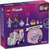 LEGO Friends Unicorn Cake Delivery Car box back shows purple packaging with full contents layout, mini-doll figures, cake accessories, unicorn truck build steps, learn-to-build graphics, and QR code on a clean product backdrop.