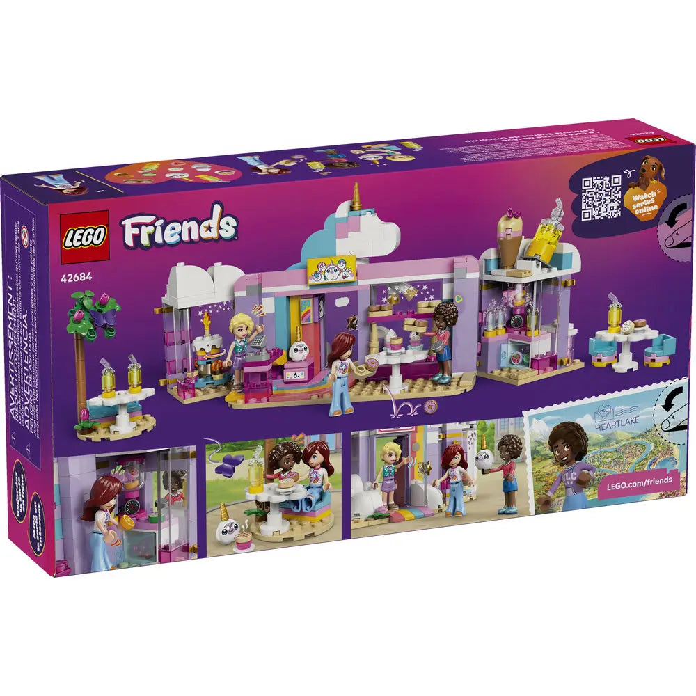 LEGO Friends box back view showing interior café features including dessert counters, seating areas, unicorn themed decorations, accessories, minifigures, and illustrated play functions inside the pastel building.