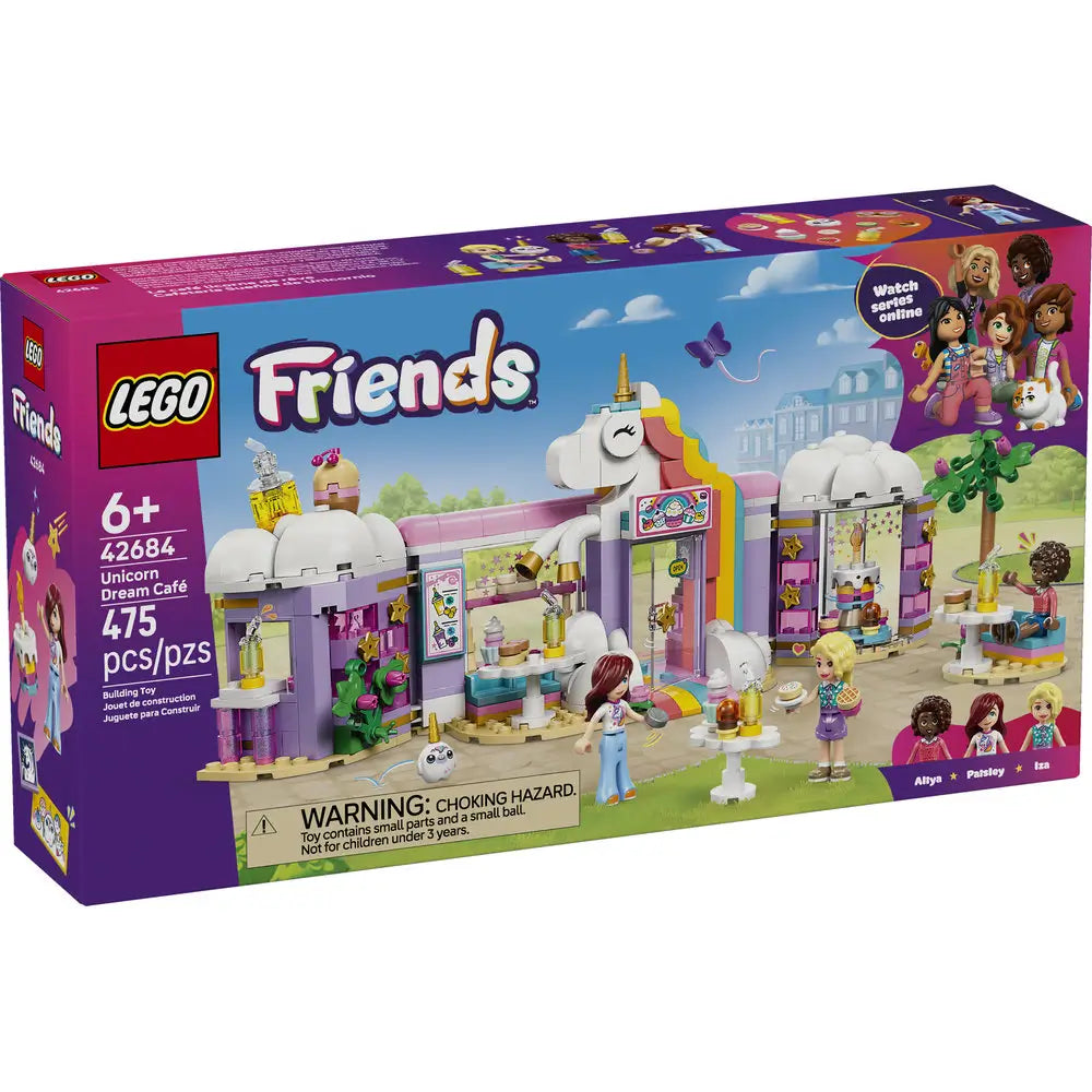 LEGO Friends Unicorn Dream Café box front featuring a purple package with illustrated unicorn café, rainbow entrance, dessert displays, tables, and minifigures, highlighting a magical building toy for kids ages six and up.