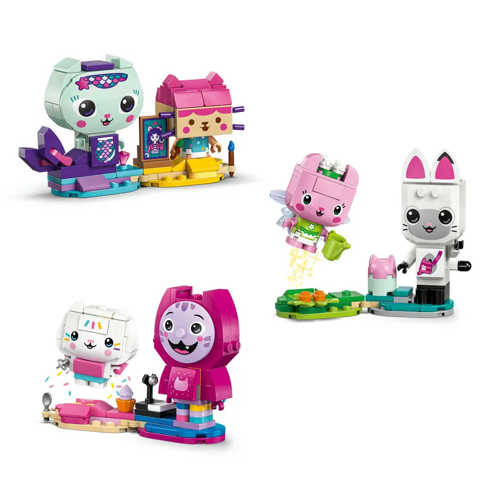 LEGO Gabby’s Dollhouse cat friends set shows individual pastel plastic characters with expressive printed faces and small themed accessories, arranged as separate mini displays against a clean white studio backdrop.
