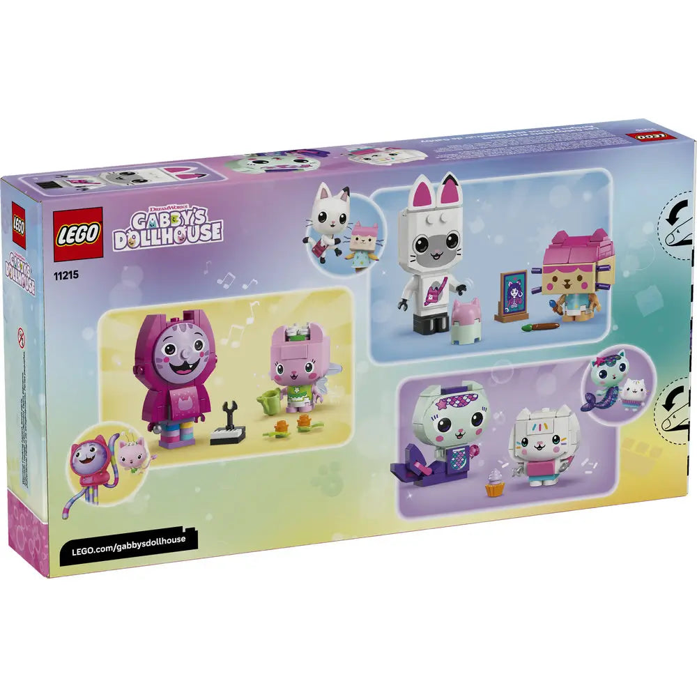 LEGO Gabby’s Dollhouse Brick-Built Cat Friends package back shows the pastel box with character close-ups, play features, and build variations, presenting the contents and play options of the set.