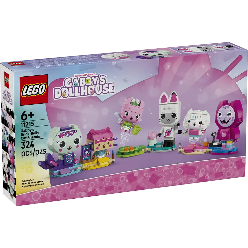 LEGO Gabby’s Dollhouse Brick-Built Cat Friends box shows a pastel purple cardboard package featuring the colorful character builds, highlighting the playful collectible toy set designed for children ages six and up.