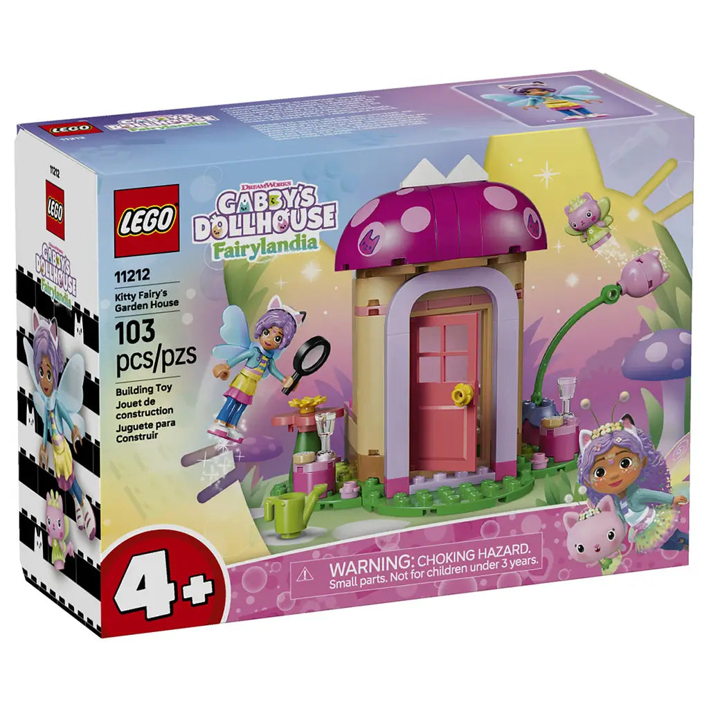 LEGO Gabby's Dollhouse Kitty Fairy's Garden House set 11212 box front in pastel colors, featuring the 103-piece mushroom house, fairy figure, cat character and garden pieces.