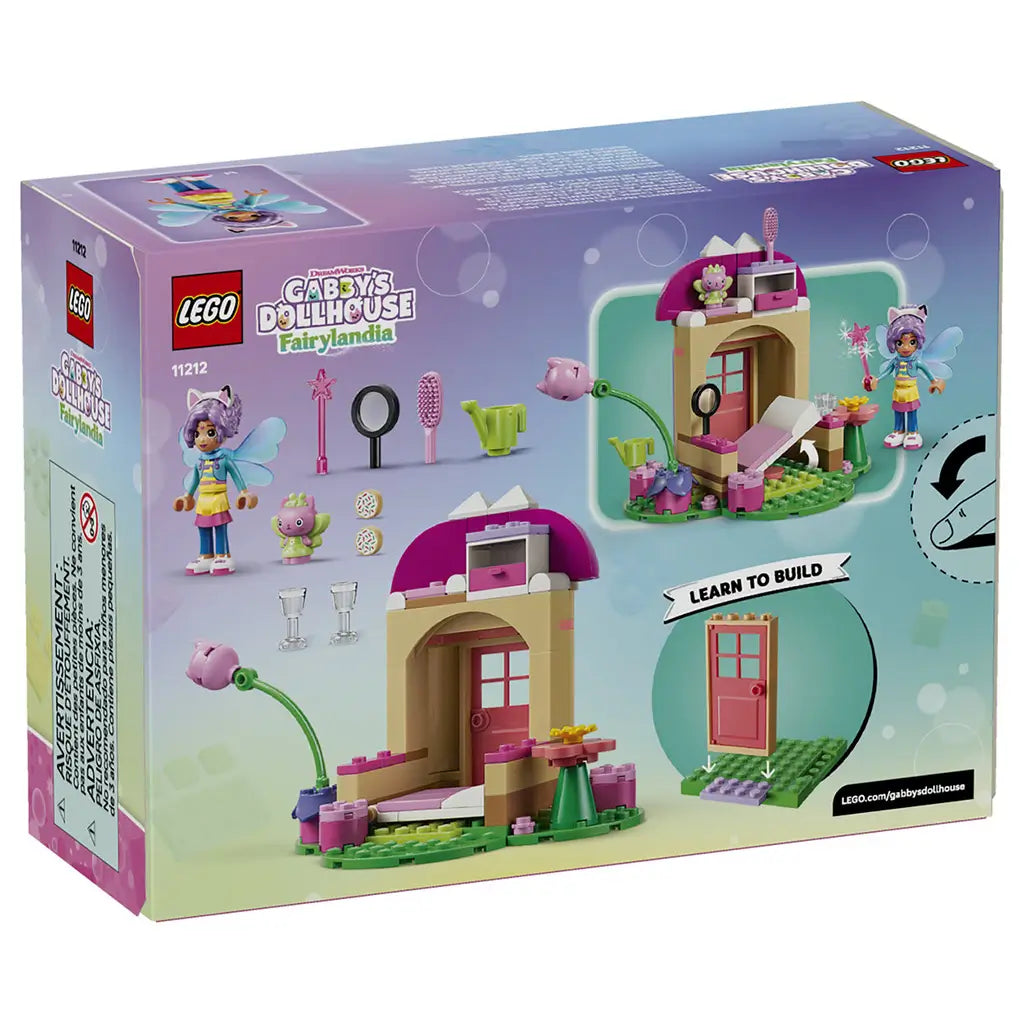 LEGO Gabby's Dollhouse Kitty Fairy's Garden House set 11212 box back in pastel colors, showing the open playset, fairy and cat figures, accessories and learn-to-build steps.