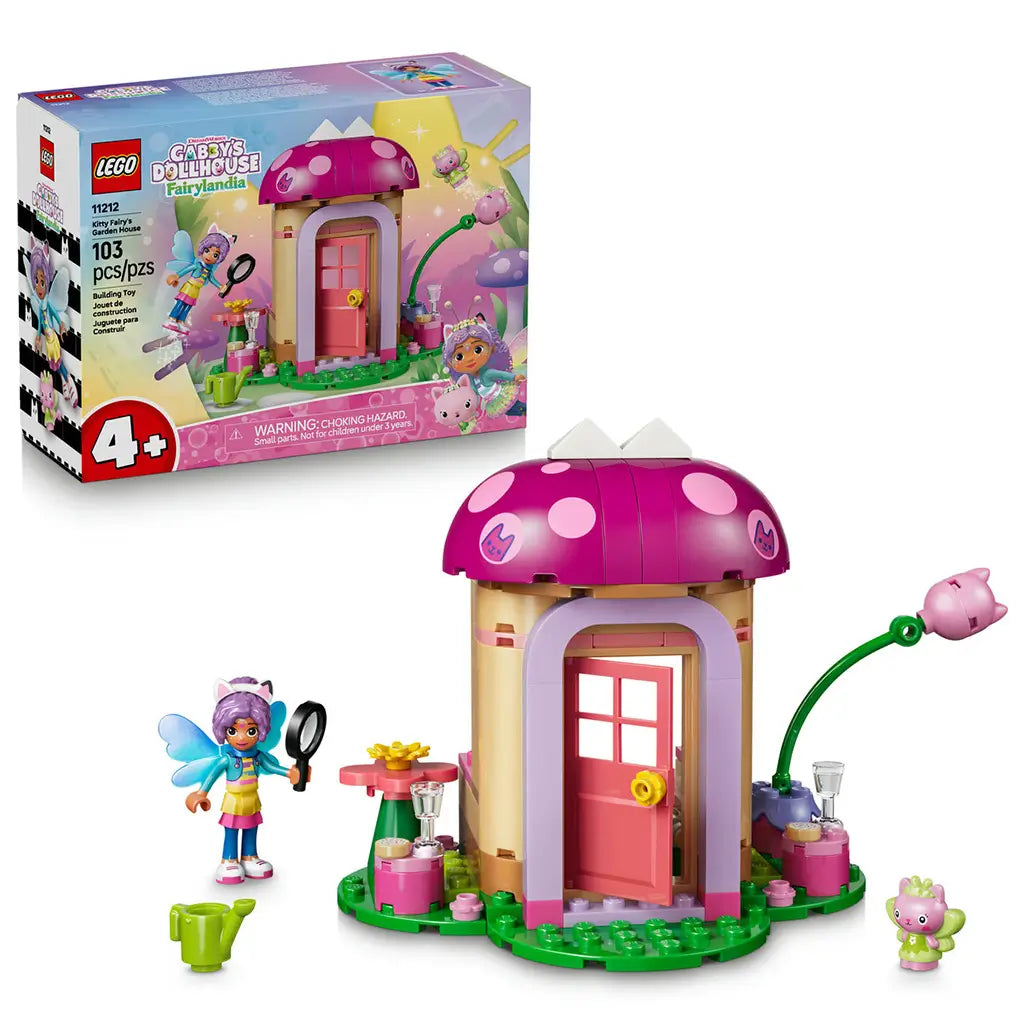 LEGO Gabby's Dollhouse Kitty Fairy's Garden House set 11212 in pink, tan and green plastic bricks, with mushroom roof, fairy figure, cat character and garden accessories.