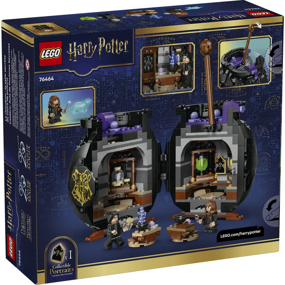 Back of LEGO Harry Potter Cauldron: Secret Potions Classroom box showing the opening cauldron design, interior classroom scenes, potion accessories, minifigures, and interactive play features on dark blue packaging.