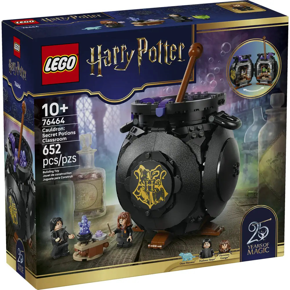 LEGO Harry Potter Cauldron: Secret Potions Classroom set in black and dark gray plastic with a rounded cauldron shape, hinged opening sides, purple potion elements, and minifigures, shown as front box art in a magical classroom scene.