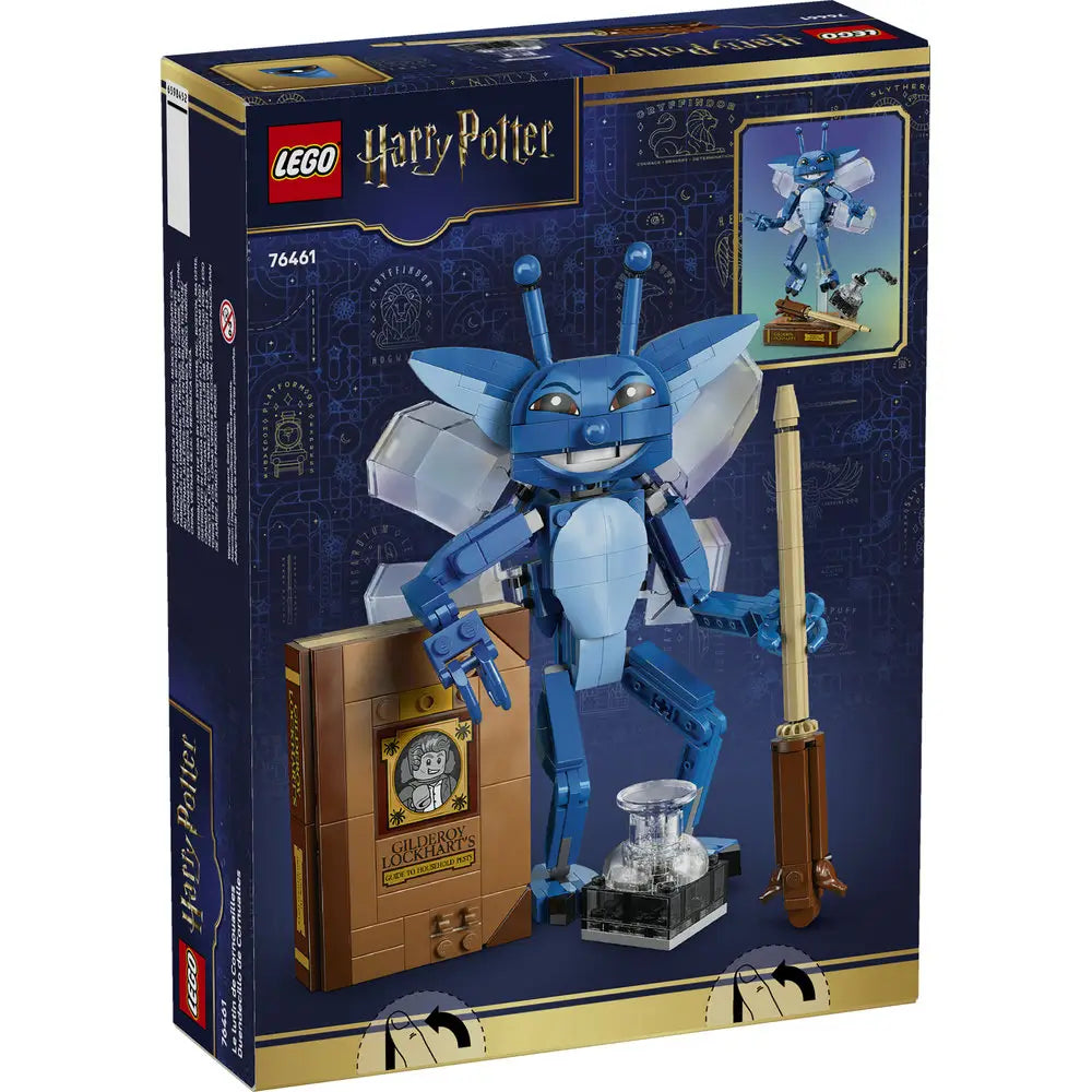 Back of LEGO Harry Potter Cornish Pixie box highlighting poseable features, wing articulation, book and wand accessories, and display options on dark blue packaging.