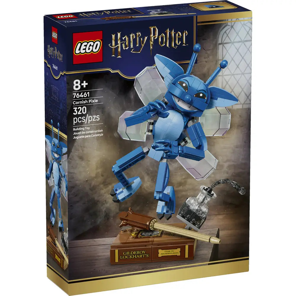 Front of LEGO Harry Potter Cornish Pixie box showing the articulated blue pixie figure with translucent wings, book and wand accessories, and clear display stand on dark blue retail packaging.