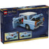 Back of LEGO Harry Potter Enchanted Flying Ford Anglia box showing opening doors, ejecting trunk function, minifigures, and play features, printed on dark blue cardboard packaging for retail shelf presentation.