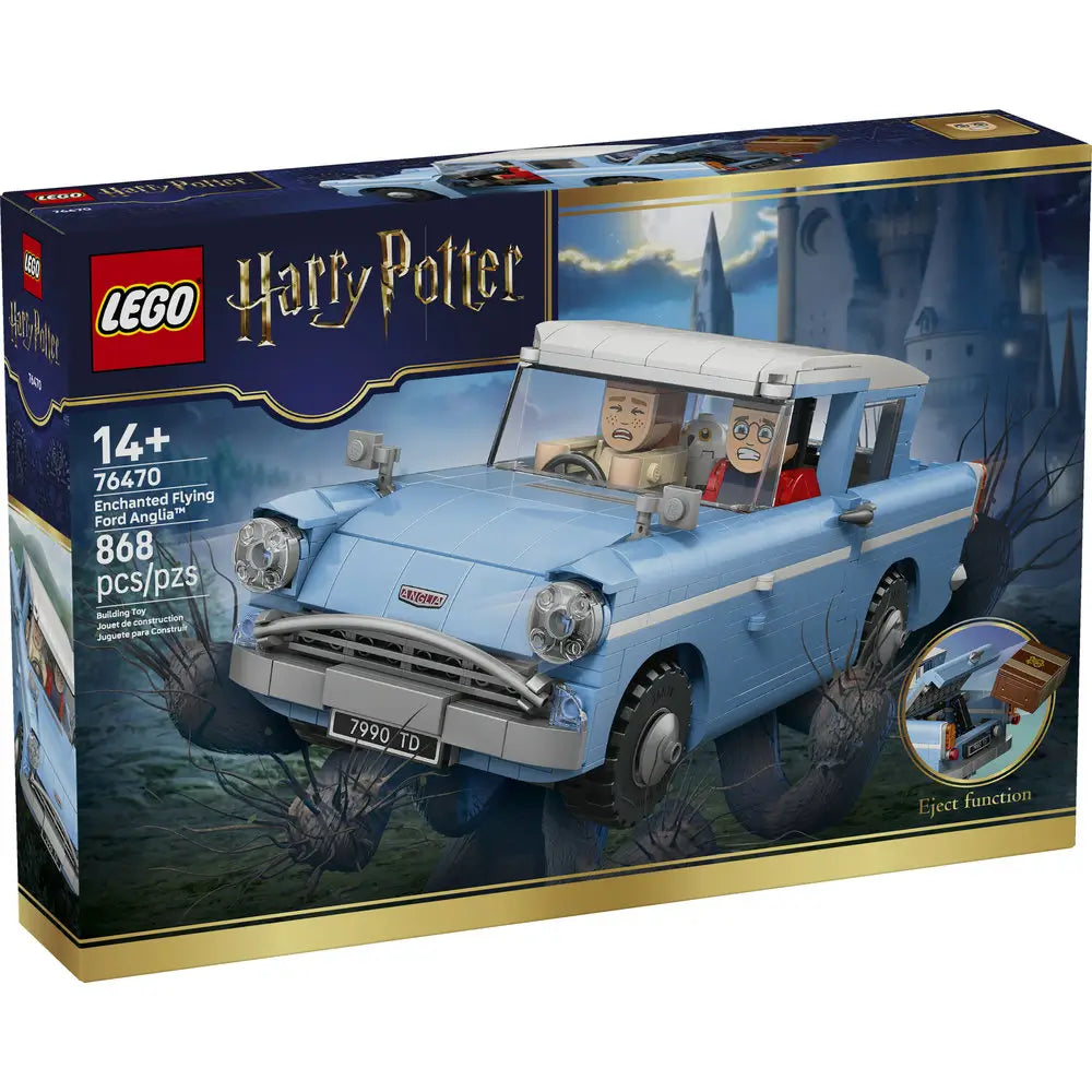 LEGO Harry Potter Enchanted Flying Ford Anglia box in dark blue and gold cardboard, rectangular retail packaging featuring the flying car artwork, minifigures, age recommendation, and piece count, displayed front-facing on white.