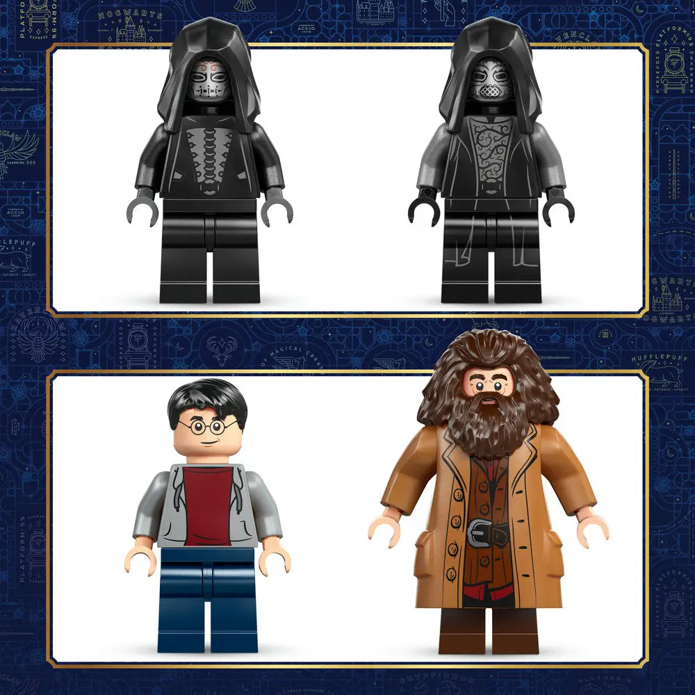 LEGO Harry Potter minifigure lineup displays black and dark gray plastic Death Eaters alongside Harry Potter and Rubeus Hagrid figures, highlighting detailed printed torsos, hoods, hair pieces, and neutral studio background presentation.