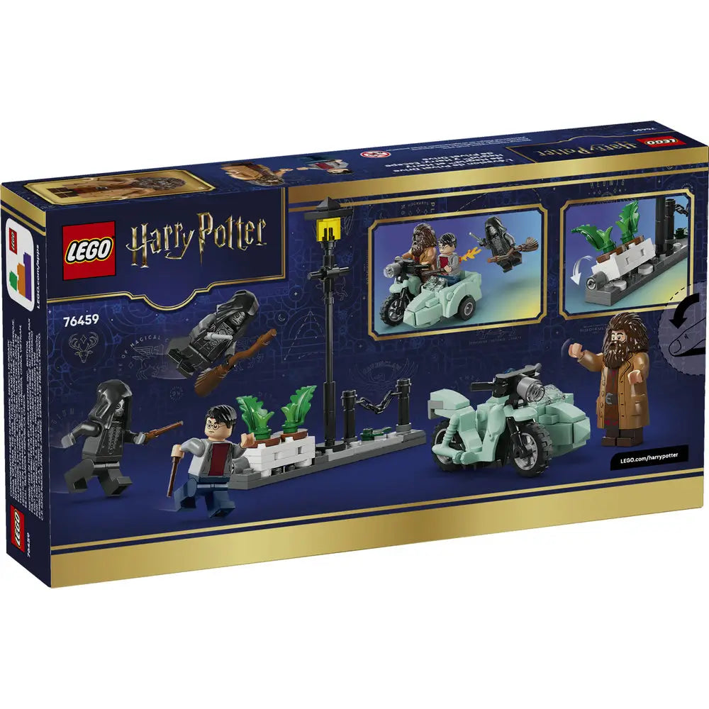 LEGO Harry Potter package back shows a dark blue cardboard box with glossy finish illustrating play features, including flying Death Eaters, motorbike escape action, modular street builds, and minifigure details on the rear panel.