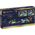 LEGO Harry Potter package back shows a dark blue cardboard box with glossy finish illustrating play features, including flying Death Eaters, motorbike escape action, modular street builds, and minifigure details on the rear panel.