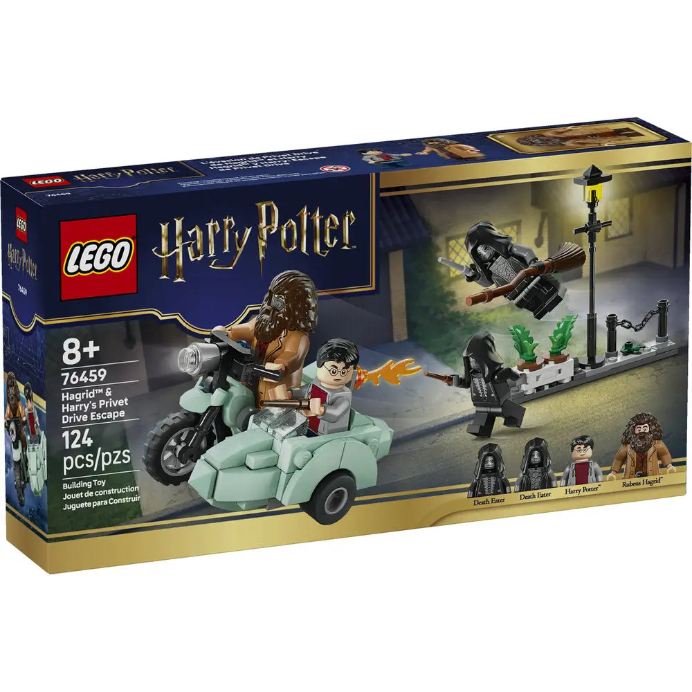 LEGO Harry Potter Hagrid’s Motorbike Escape box front features a dark blue and gold cardboard package showing Hagrid, Harry Potter, Death Eaters, and the motorbike with sidecar in an action scene set on a nighttime street.
