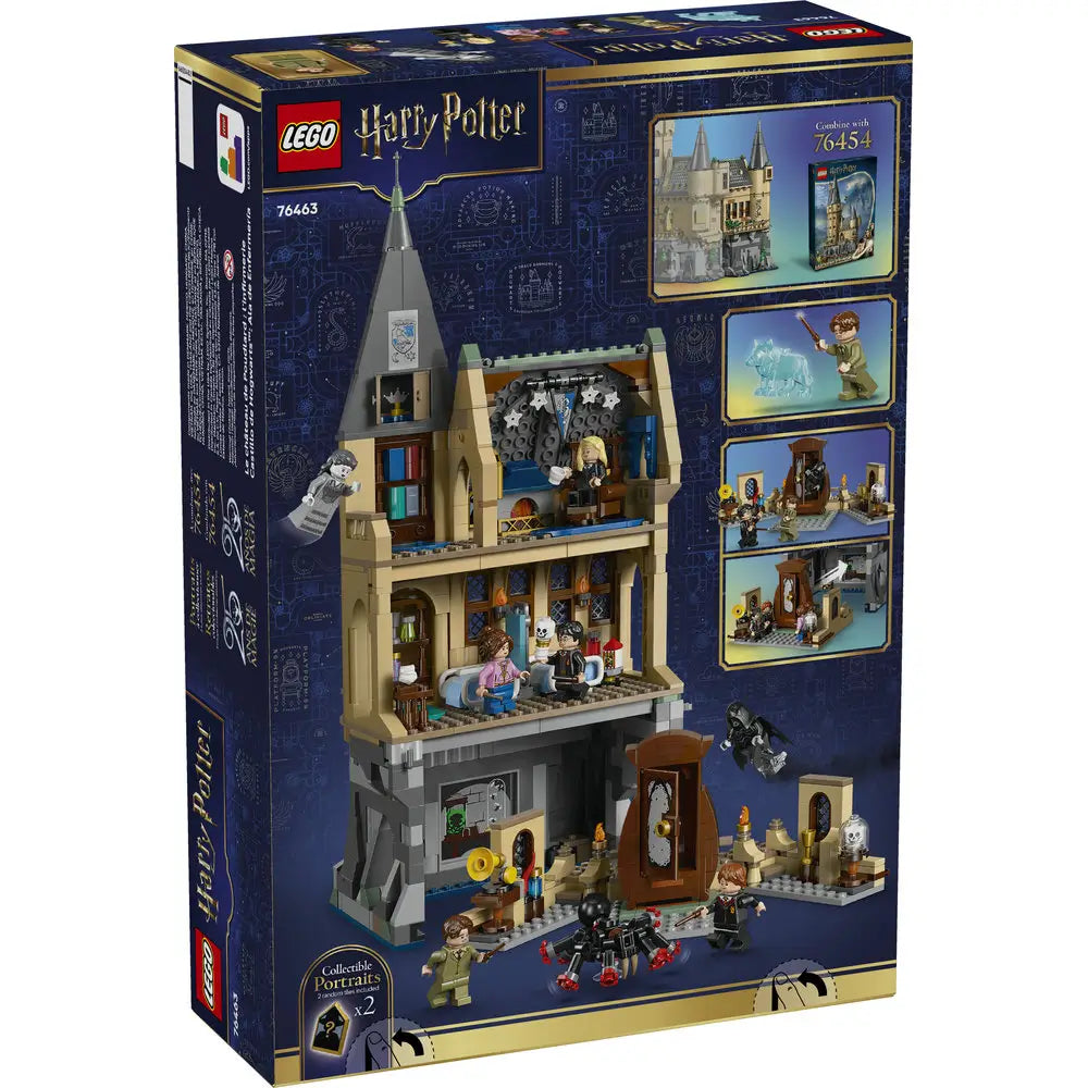 Back of LEGO Harry Potter Hogwarts™ Castle: Hospital Wing box displaying the multi-level interior rooms, play features, ghost figure, minifigures, and modular connection options, shown on dark blue packaging with feature callouts.