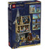 Back of LEGO Harry Potter Hogwarts™ Castle: Hospital Wing box displaying the multi-level interior rooms, play features, ghost figure, minifigures, and modular connection options, shown on dark blue packaging with feature callouts.