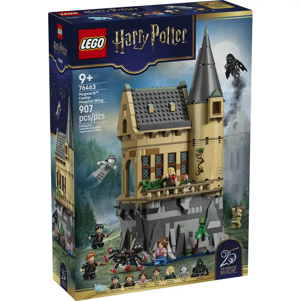 Front of LEGO Harry Potter Hogwarts™ Castle: Hospital Wing box showing a tall tan-and-gray castle tower with peaked roof, balcony, and rocky base, minifigures in action poses, and magical effects, presented on dark blue retail packaging with “25 Years of Magic” branding.