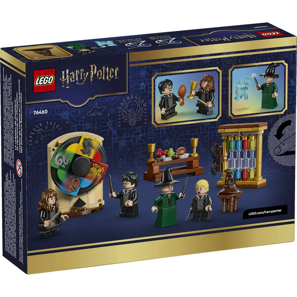 LEGO Harry Potter building set packaging shows a dark blue cardboard box with glossy finish, featuring minifigures, Sorting Hat play functions, potion accessories, and illustrated Hogwarts classroom scenes across the detailed back panel.
