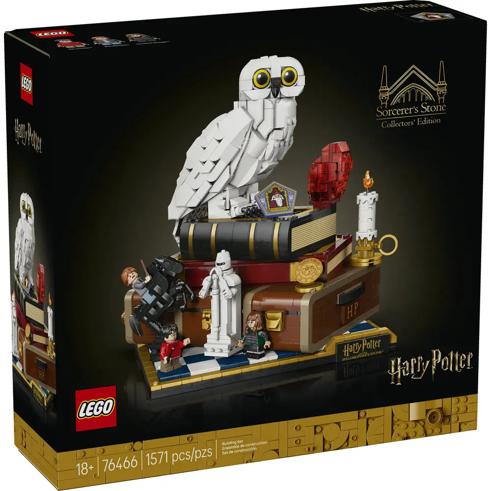 LEGO Harry Potter Philosopher’s Stone Collector’s Edition box in black and gold cardboard, premium rectangular packaging featuring the Hedwig owl display model, age rating, piece count, and elegant Harry Potter branding.