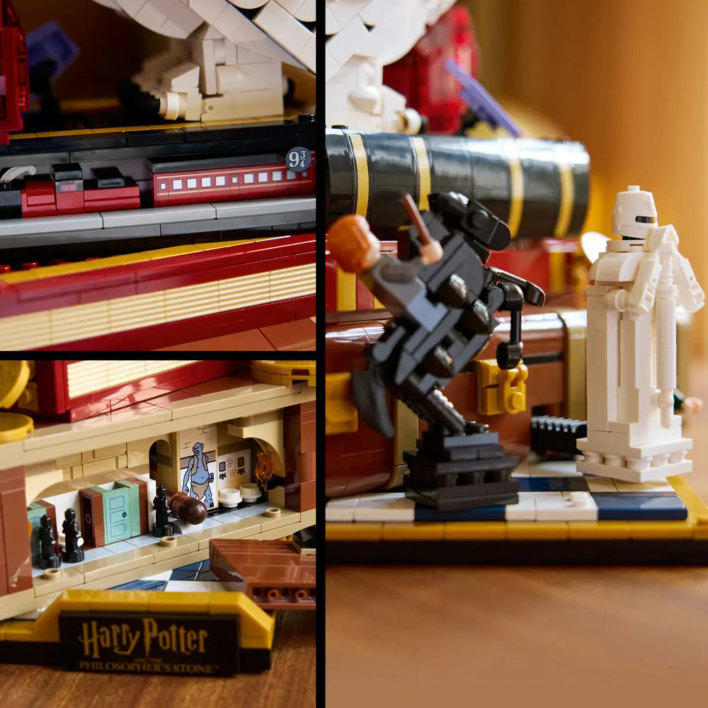 Detailed LEGO Harry Potter Philosopher’s Stone scene in white, brown, and gold plastic showing interior book compartments, sculpted statues, minifigure moments, and intricate decorative elements designed for premium collectible display.