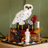 Completed LEGO Harry Potter Philosopher’s Stone display model featuring a white Hedwig owl, stacked spellbooks, minifigures, candle, and red crystal, presented neatly as a decorative centerpiece on a shelf or tabletop.
